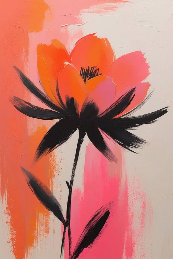 Zonneklop – abstract bloemenschilderij in oranje, roze en zwart