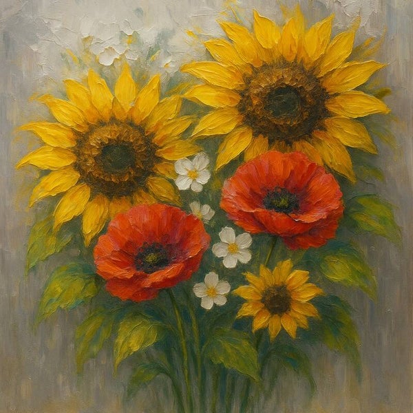 Zonnige Pracht – schilderij zonnebloemen en klaprozen, landelijk bloemstuk