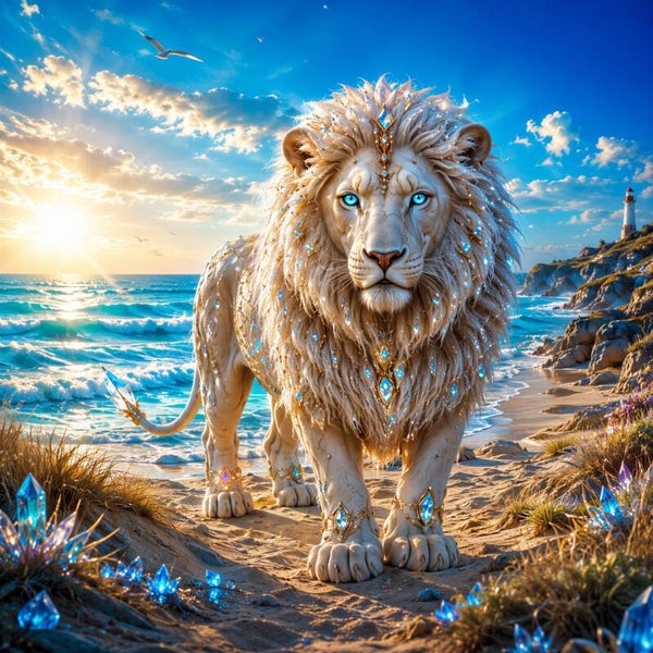 Celestial Beach Lion - Luxe Witte Leeuw Schilderij op het Strand met Kristallen