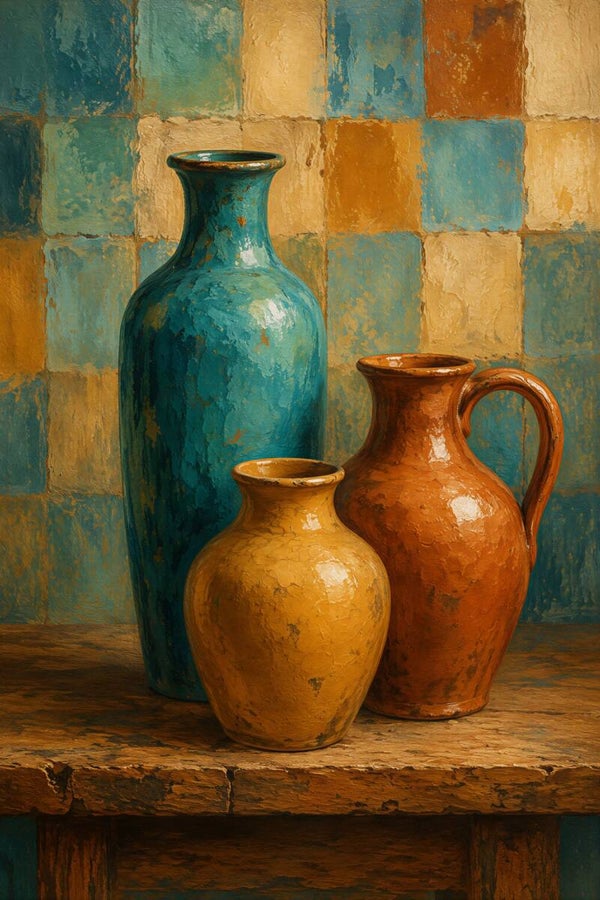 Zuidelijke Kleuren – kleurrijk stilleven met turquoise vaas en terracotta kruiken