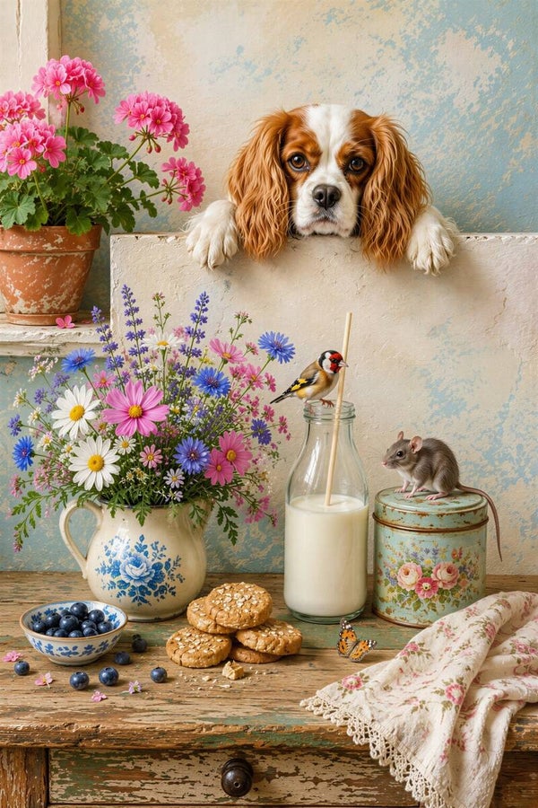 Zuivelstilte – landelijk schilderij Cavalier King Charles Spaniël putter muis bloemen