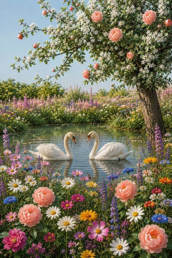 Zwanen tussen Bloesem – landelijk schilderij met bloemen en water