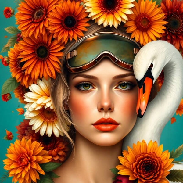 Zwanenhart – schilderij met zwaan, duikbril en zonnebloemen