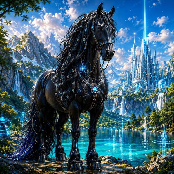 Celestial Stallion – Zwart Paard Schilderij met Futuristische Stad en Blauwe Watervallen