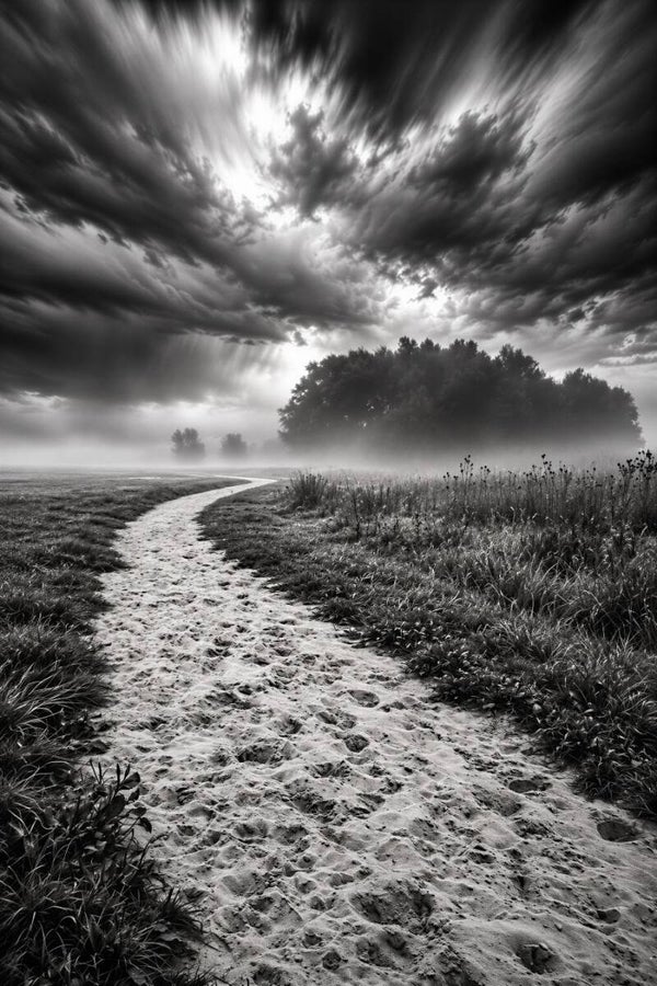 Pad onder Donkere Wolken – zwart wit landschap schilderij met zandpad en dramatische lucht