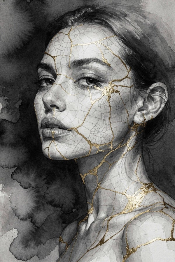 Gouden Breuklijnen – zwart wit vrouw schilderij met gouden details