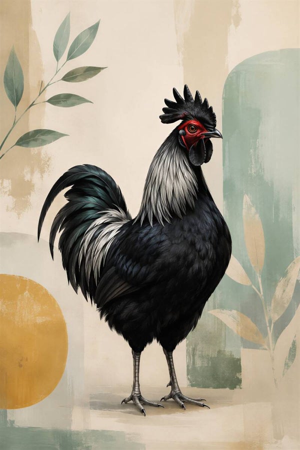 Zwarte Erfhaan – Zwarte haan schilderij met abstracte wanddecoratie voor keuken en eetkamer