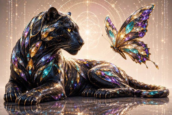 Gilded Metamorphosis - Luxe Zwarte Panter en Kristallen Vlinder Schilderij