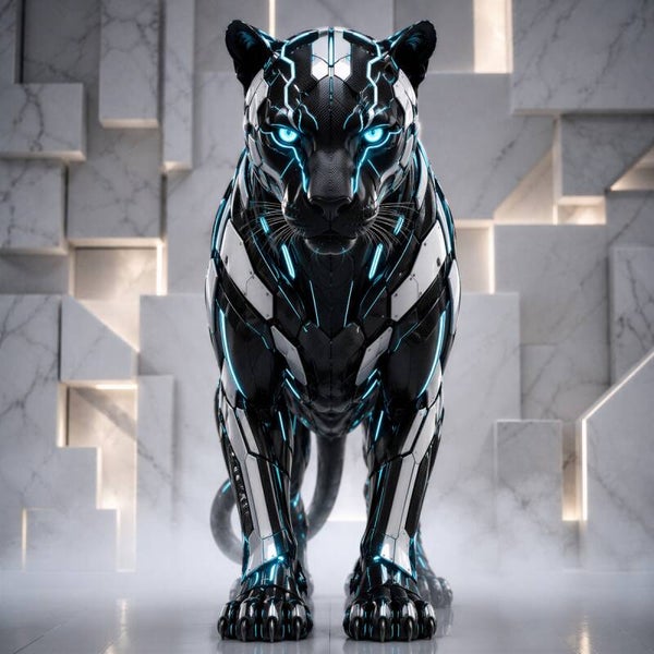 Titanium Shadow – futuristische zwarte robotpanter schilderij