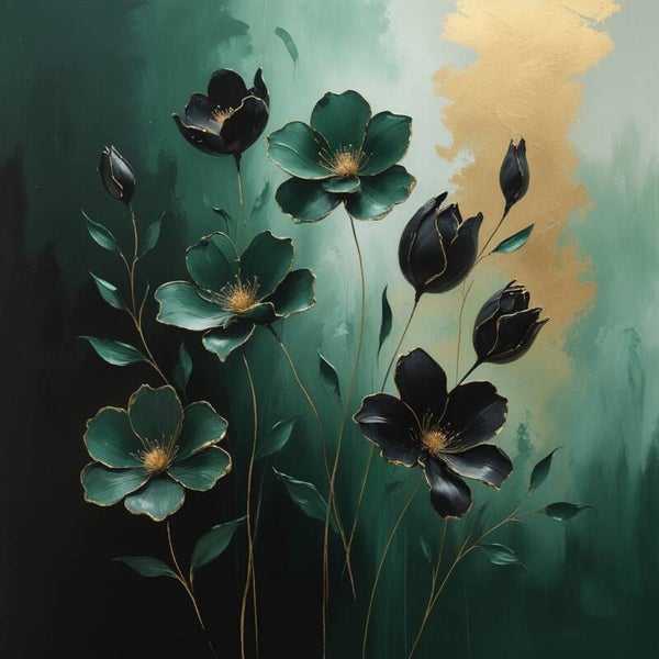 Zwarte Smaragd – luxe bloemen schilderij in donkergroen en goud