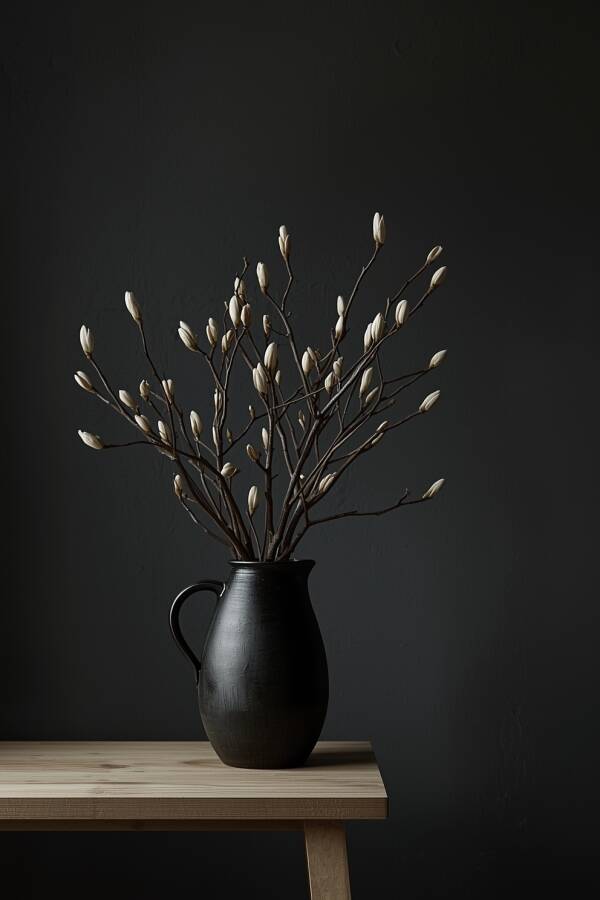 Rustige Knoppen – minimalistisch zwart kannetje met witte bloemtakken