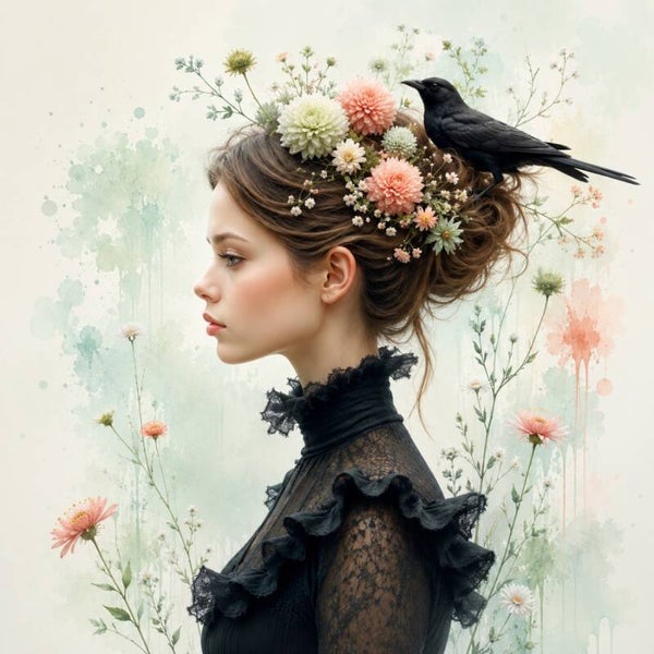 Zwarte Veren – schilderij vrouw met kraai en bloemen