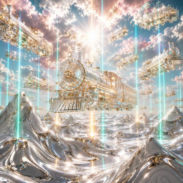 Celestial Express – Zwevende Treinen Futuristisch Steampunk Schilderij in Wit Goud en Turquoise