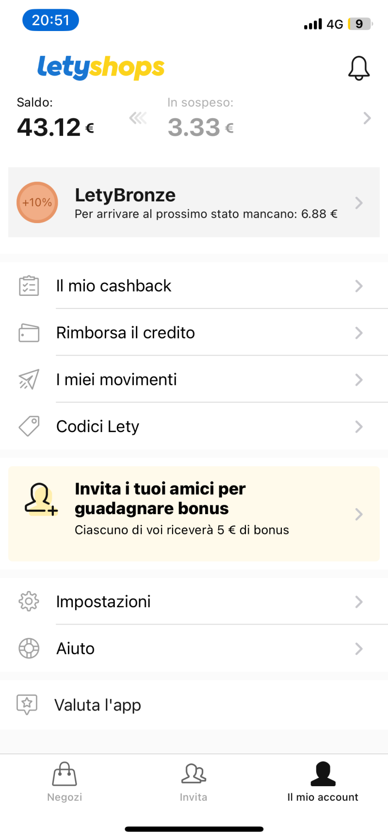 Saldo cashback accumulato su LetyShops di 43 euro