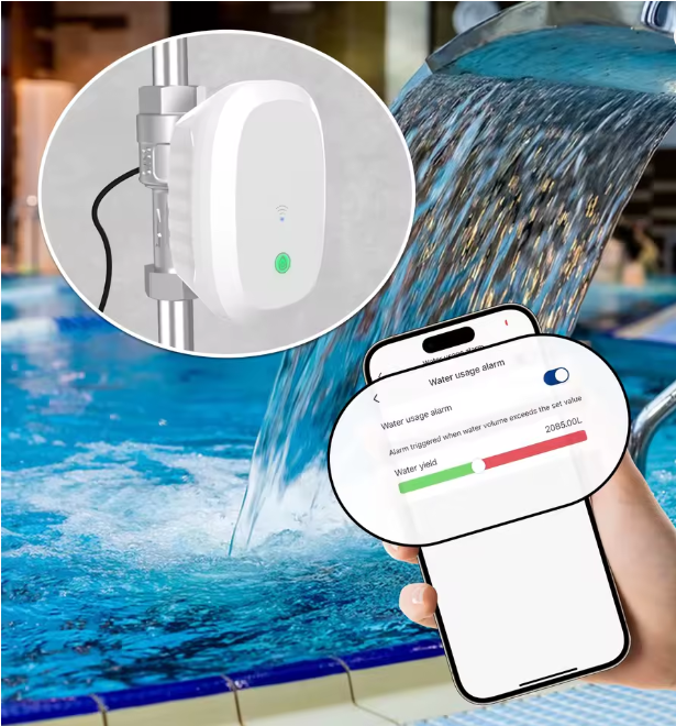 Valvola smart WiFi Tuya installata su tubo lavatrice per prevenire allagamenti