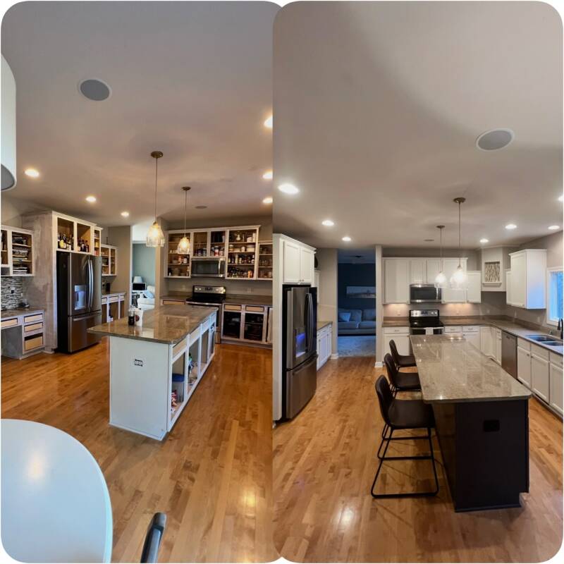 Before and after kitchen cabinet refinishing by Juliette’s Divine Dezine Painting in Grafton, Wisconsin