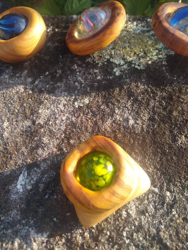 Yellow on Green Glass Marble Hand Carved Fidget Spinner - free form