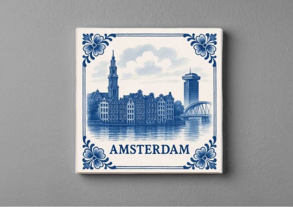 Delftsblauwe tegeltjes magneet 5 x 5 cm - skyline van Amsterdam