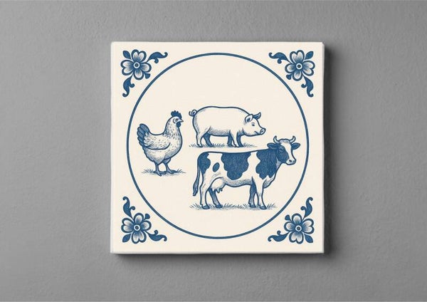 Delftsblauwe boerderij-tegeltjes magneet 5 x 5 cm – Kip, Varken & Koe