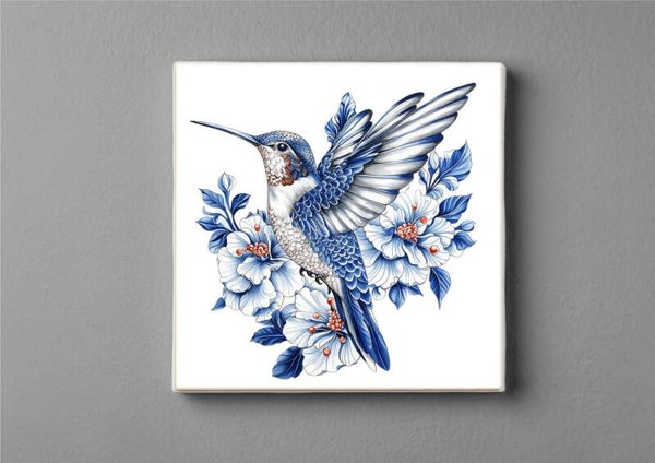 Delftsblauwe Kolibrie magneet 5 x 5 cm – Elegantie in vlucht