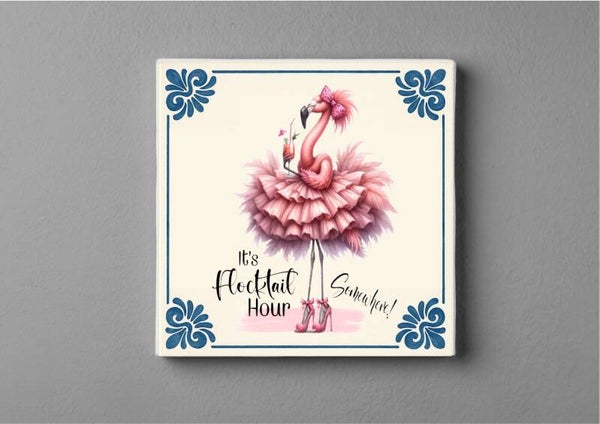 Delftsblauw tegeltjes magneet 5 x 5 cm Flocktail Hour Flamingo