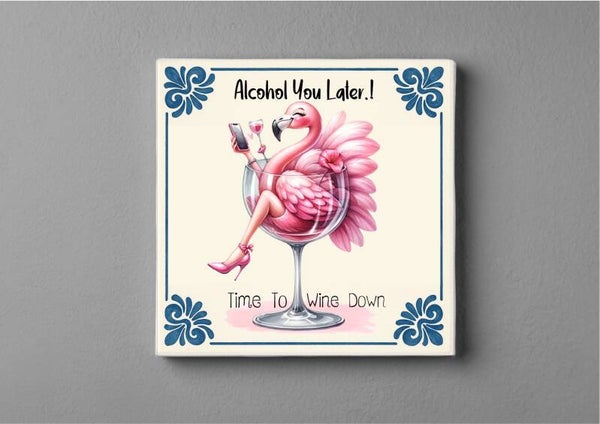 Delftsblauw tegeltjes magneet 5x5 cm - Alcohol You Later Flamingo