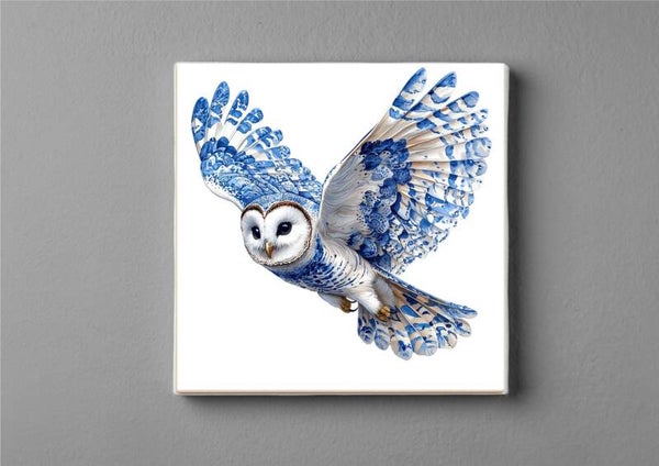 Delftsblauwe Kerkuil magneet 5 x 5 cm– De stille jager in volle vlucht
