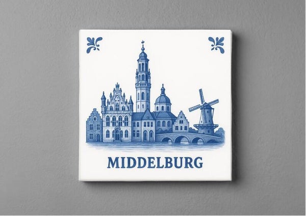 Delftsblauwe Middelburg-skyline tegeltjes magneet 5 x 5 cm