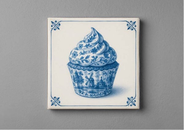 Delftsblauwe tegeltjes magneet 5 x 5 cm - Cupcake
