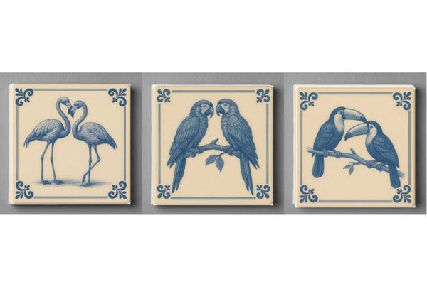 Set van 3 Delftsblauwe Tegeltjes – Tropische Vogels