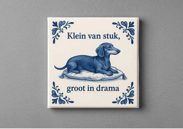 Delftsblauw Tegeltjes magneet 5 x 5 cm - Teckel, klein van stuk, groot in drama