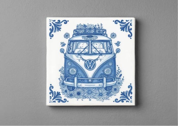 Delftsblauw Hippie Bus Tegeltjes magneet 5x5 cm