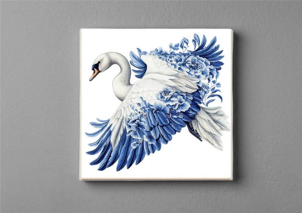 Delftsblauwe Zwaan magneet 5 x 5 cm– Symbool van elegantie en gratie