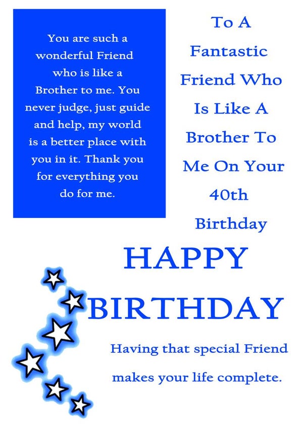 Friend like a Brother 40th Birthday Card