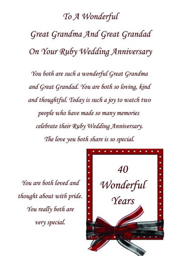 Great Grandma and Great Grandad Ruby Anniversary Card