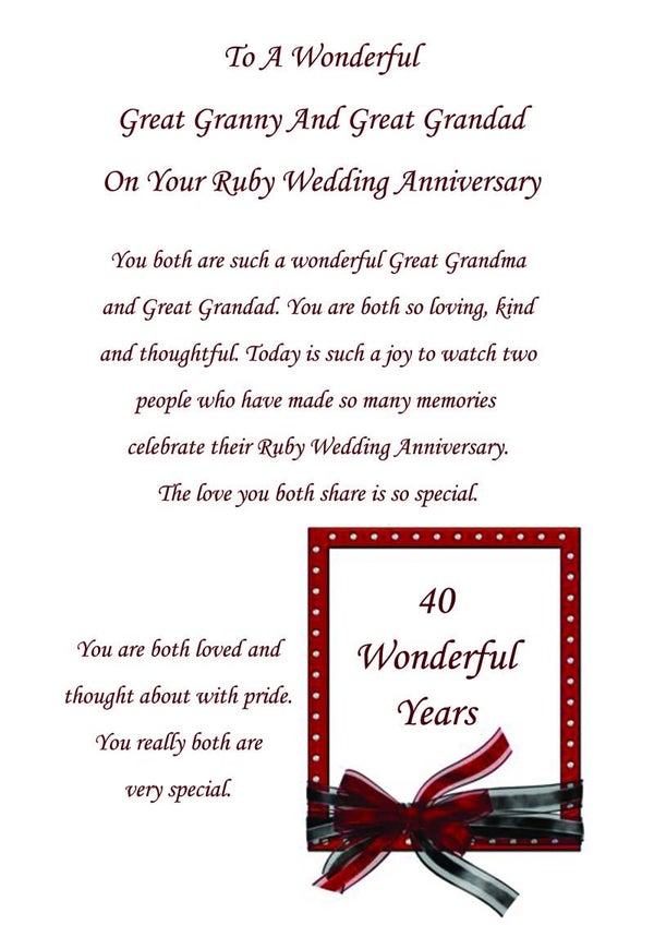 Great Granny and Great Grandad Ruby Anniversary Card