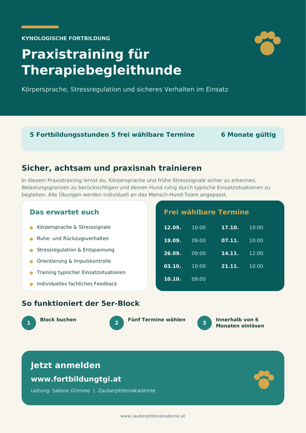 Praxistraining für Therapiebegleithunde – Körpersprache, Stressregulation und sicheres Verhalten im Einsatz