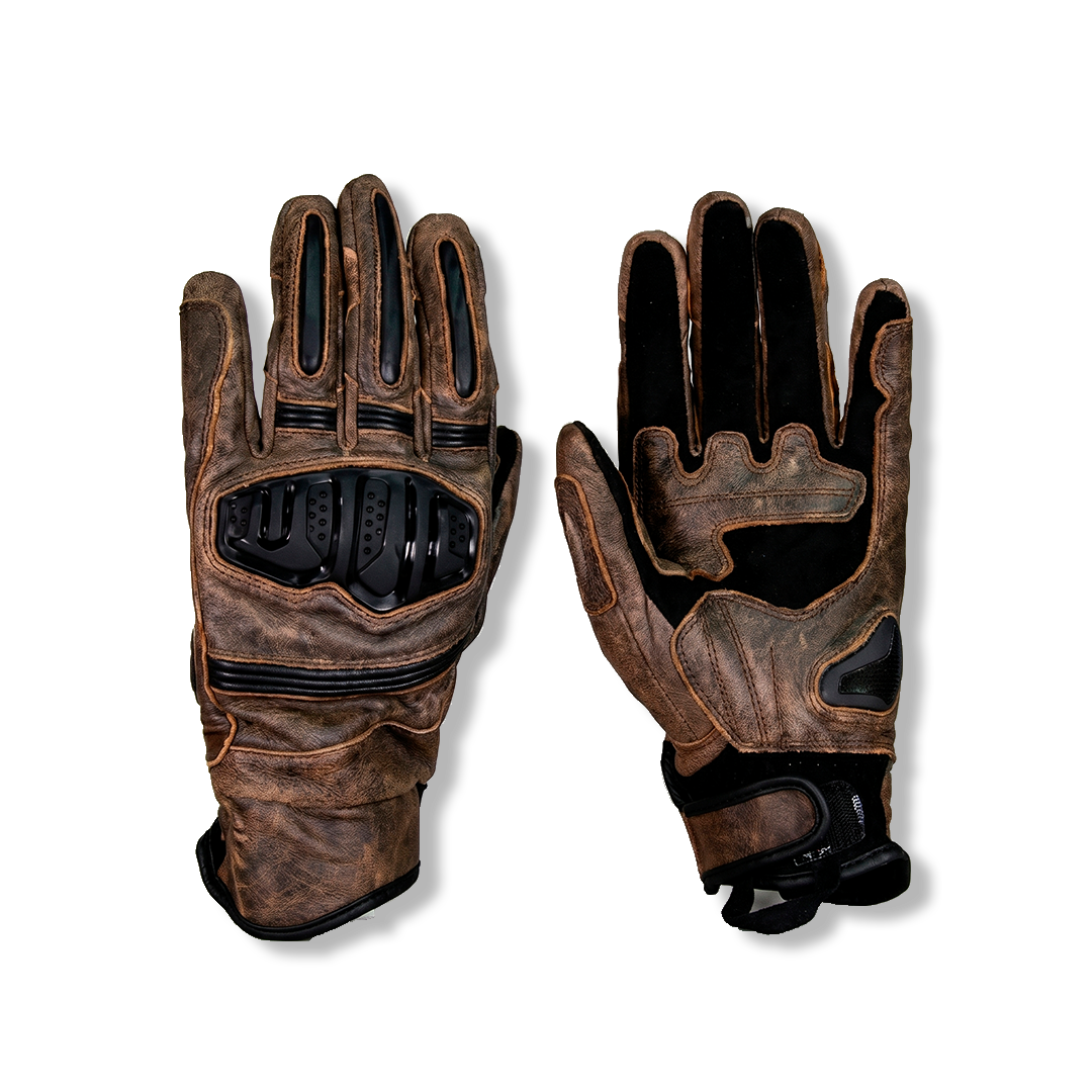 Guantes de Piel para Moto con Protección Rígida en Nudillos | Palma Antiderrapante | Café con Detalles Negros