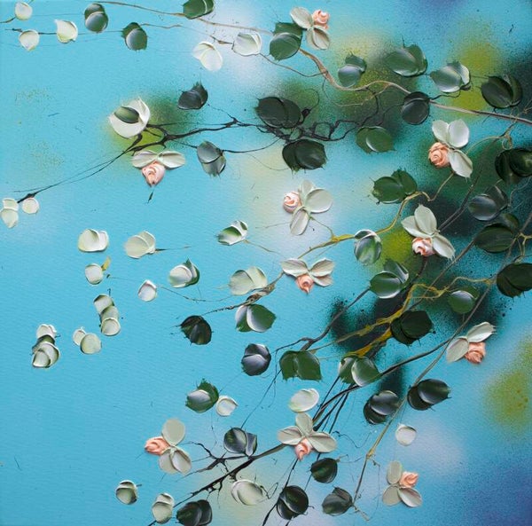 "Dream Blossoms I" light blue floral painting on canvas, 50x50 cm