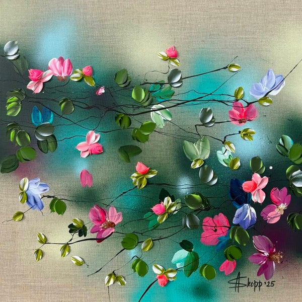 Flower Talk I - colorful 3d painting on linen, 60 × 60 × 2 cm (23.6 × 23.6 × 0.8 in)