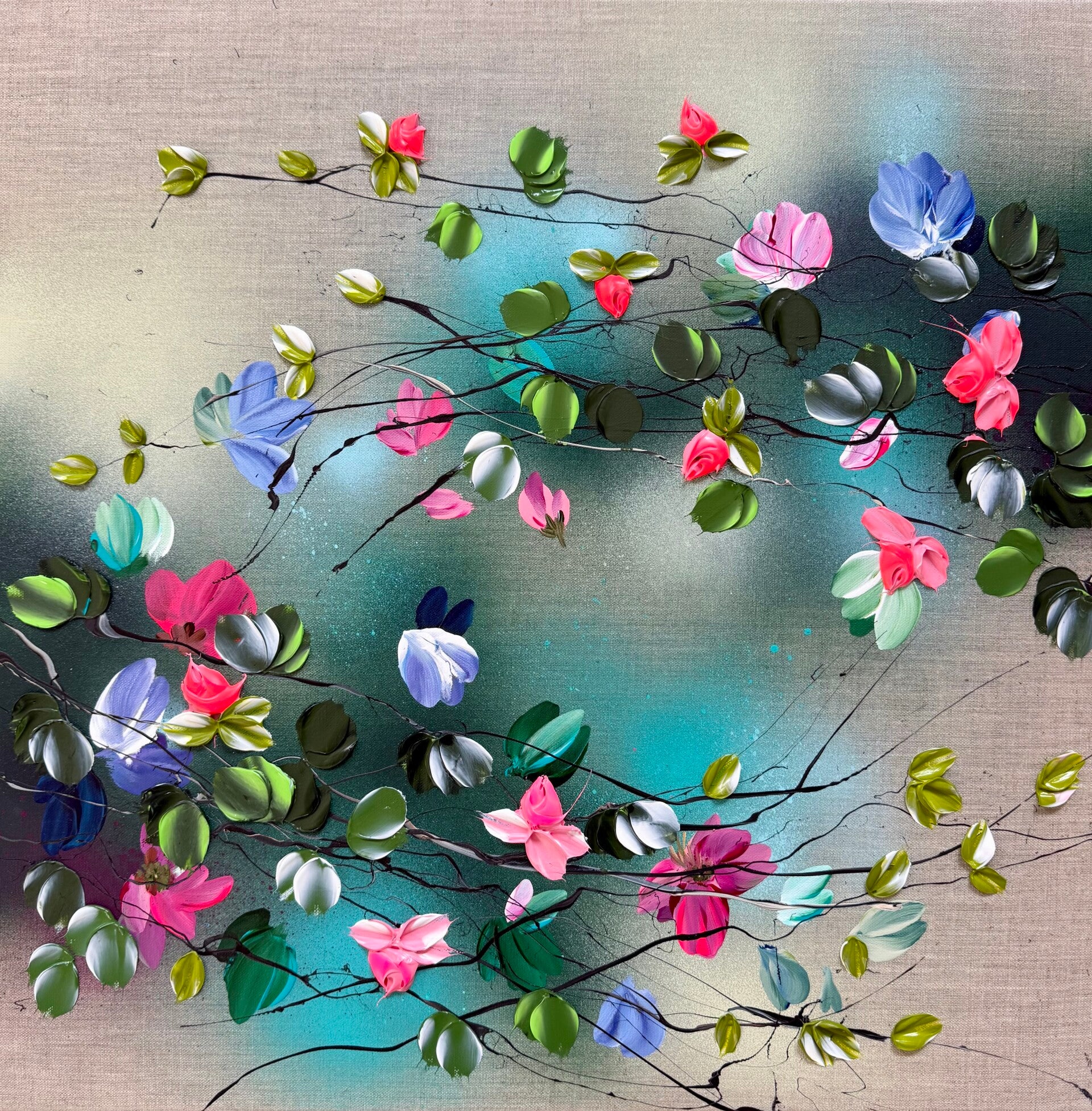Flower Talk II - colorful 3d painting on linen, 60 × 60 × 2 cm (23.6 × 23.6 × 0.8 in)