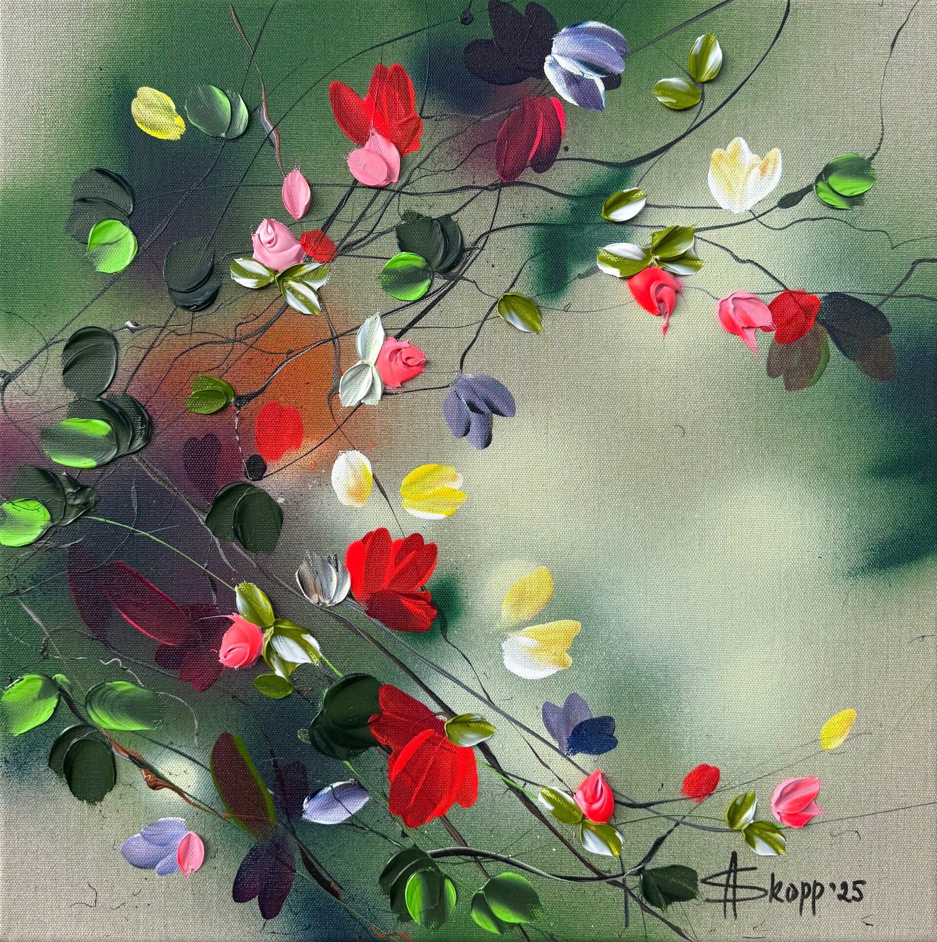 "Flowers" - green pink 3d art on linen, 50 × 50 × 2 cm (approx. 19.7 × 19.7 × 0.8 in)