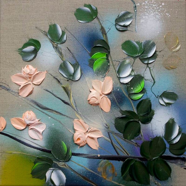 Garden Flowers VI - textured roses on linen canvas, 30x30x4 cm