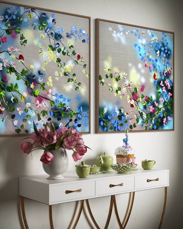"Floral Landscape" textured diptych on linen, 160x80cm