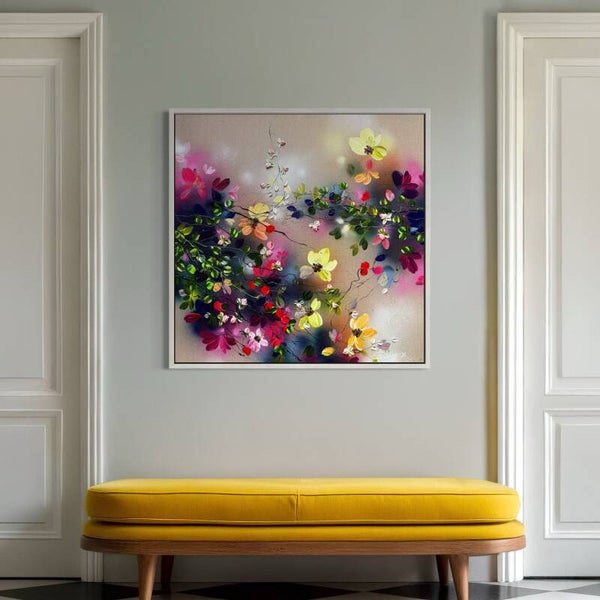 Hanami Dream - colorful floral painting on linen canvas, 100 × 100 × 4 cm / 39.4 × 39.4 × 1.6 in