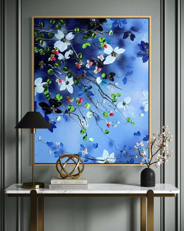 Blue Canopy - cobalt blue floral painting on linen, 94 × 75 × 2 cm /  37 × 29.5 × 0.8 in