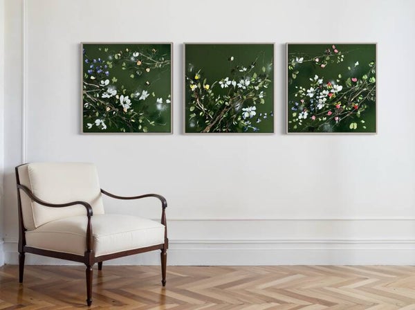 Quiet Branches  – Triptych on linen, floral art, 60 × 180 × 2 cm / 23.6 × 71 × 0.8 in