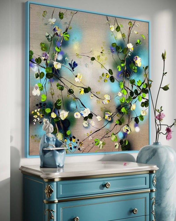"White Flowers" colorful artwork on linen, 80x80cm