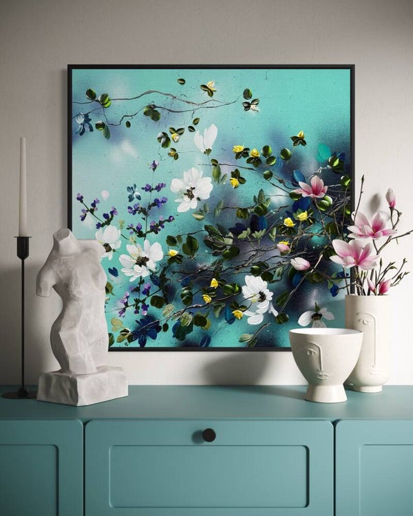 Golden Buds in Turquoise Air - floral art on linen, 80 × 80 × 4 cm (31.5 × 31.5 × 1.6 inches)