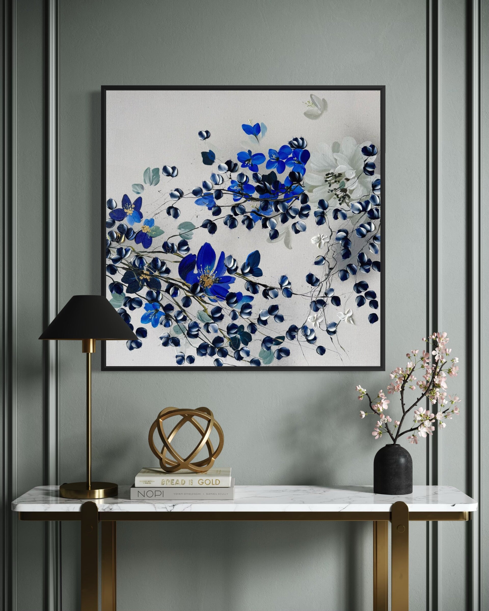 Midnight Blossoms - dark blue flowers on linen canvas, 80 × 80 × 4 cm (31.5 × 31.5 × 1.6 inches)